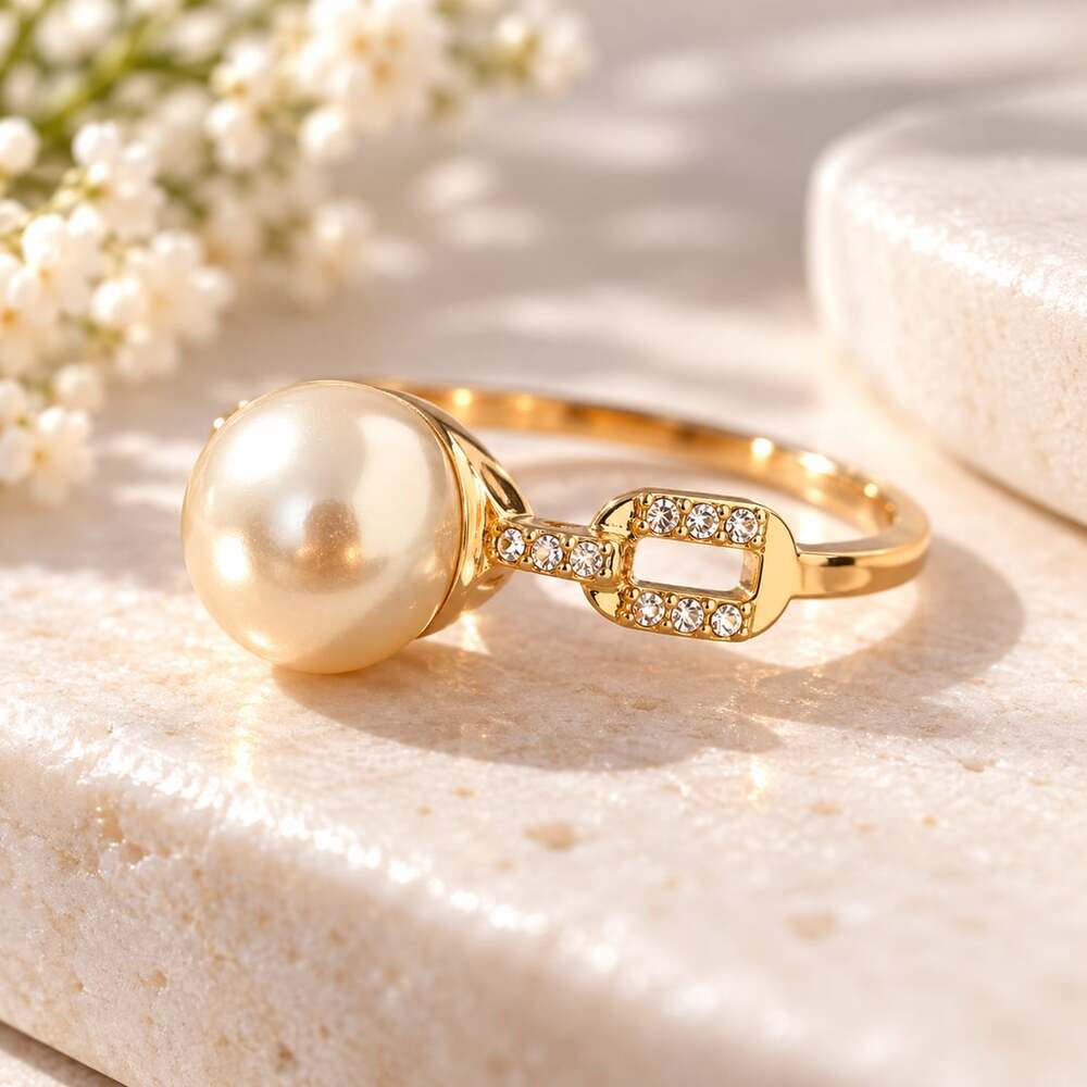 Champagne Pearl Rhinestone Gold Tone Statement Cocktail Ring Pearlcore